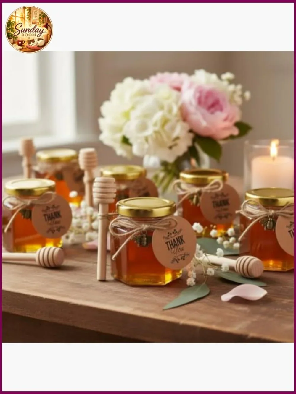 Mini Glass Honey Jars with Wood Dipper, Gold Lid, Bee Charms, 30 Pack